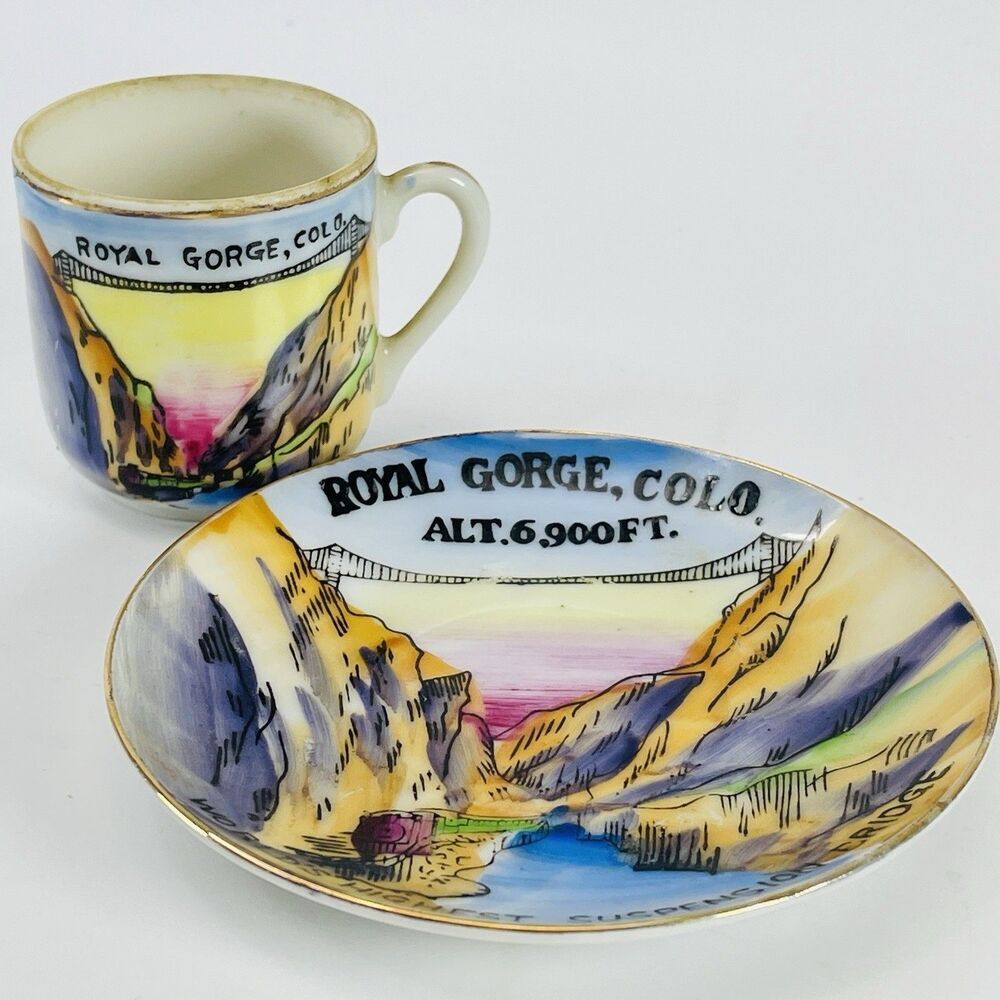 Vtg Royal Gorge Colorado Souvenir Porcelain Cup and Saucer Set Hand Painted 1960